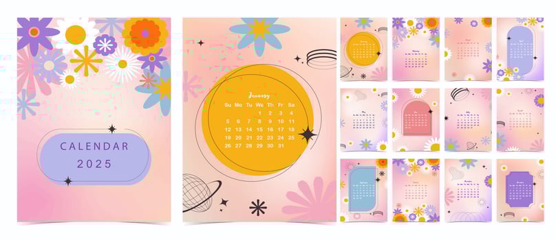 2025 table monthly calendar week start on Sunday with flower that use for vertical digital and printable A4 A5 size vector