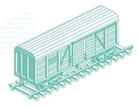 Isometric freight railroad car. Object isolated on white background. Railway. Wagon on rails. Freight boxcar wagon. Industrial railroad transportation. vector