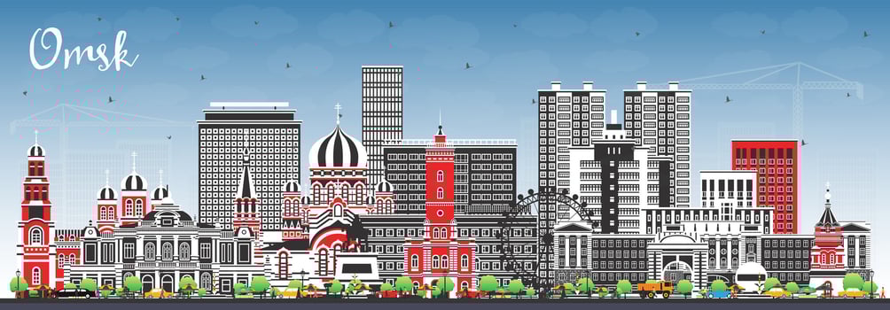 Omsk Russia city skyline with color buildings and blue sky. Omsk cityscape with landmarks. Business travel and tourism concept with modern and historic architecture. vector