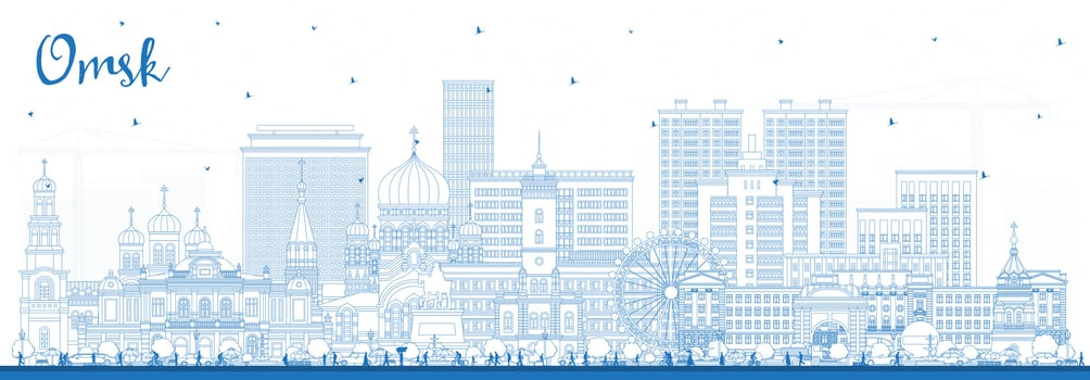 Outline Omsk Russia city skyline with blue buildings. Omsk cityscape with landmarks. Business travel and tourism concept with modern and historic architecture. vector