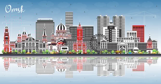Omsk Russia city skyline with color buildings, blue sky and reflections. Omsk cityscape with landmarks. Business travel and tourism concept with modern and historic architecture. vector