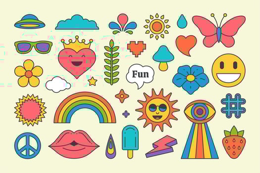 Collection multicolored vintage pop art stickers elements decorative design illustration vector