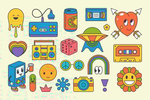 Retro hippie electronic devices graphic elements pop art groovy contoured design cartoon vector
