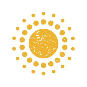 Cute bright yellow circle sun with rounded pint abstract rays hand drawn grunge texture vector