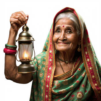 Elderly woman holding a lantern in traditional attire png