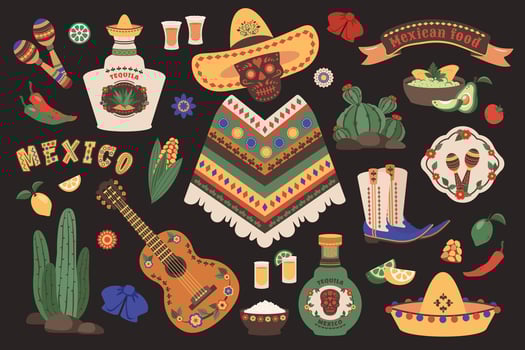 Different cartoon elements of mexican culture. Mexican food, hat, skull, guitar, kitchen. Set of hand drawn doodle stickers. Symbols for decorations party, carnival, holiday. illustration vector