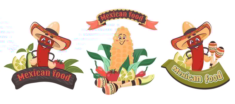 Cute comic character isolated. Red chili pepper in hat with vegetables and maracas. Smiling funny corn. Mexican food. Doodle hand drawn illustration for poster, flyer, banner, delivery, menu vector