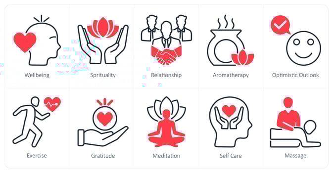 A set of 10 wellness icons as wellbeing, spirituality, relationship vector