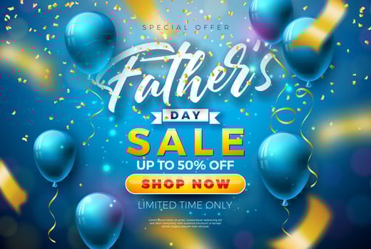 Father's Day Sale Promotional Business Illustration with Party Balloon and Falling Gold Confetti on Blue Background. Special Holiday Offer Illustration for Best Dad. Template for Coupon vector