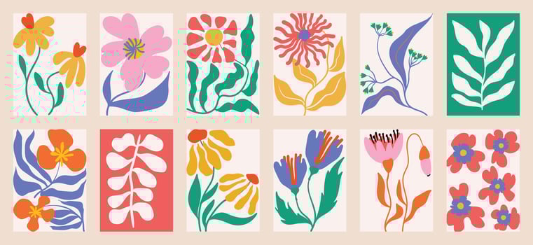 Botanical doodle background art set. Flower and leaves abstract shape doodle art design for print, wallpaper, clipart, wall art for home decoration. vector