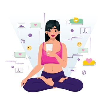 Youngwoman in a lotus pose uses her cellphone. The background is filled with social media icons such as hearts, smiles, and music notes vector