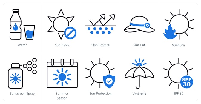 A set of 10 sun protection icons as water, sun block, skin protect vector
