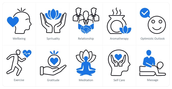 A set of 10 wellness icons as wellbeing, spirituality, relationship vector