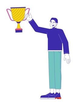 Smiling asian man showing winner bowl 2D linear cartoon character. Korean male celebrating victory isolated line person white background. Leadership achievement color flat spot illustration vector
