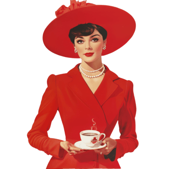 Sophisticated Woman in Red with Teacup png