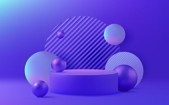 3D podium design with a purple color palette. Shiny neon metallic balls and spheres create a futuristic and celebratory atmosphere. Perfect for commercial promotions and sales. Not AI. vector