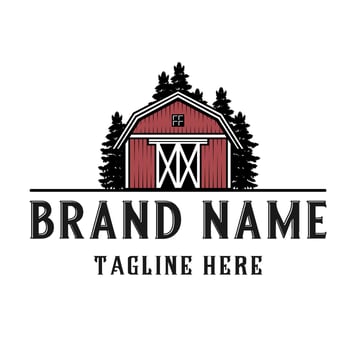 vintage logo of farm products warehouse, with trees and mountains. vector