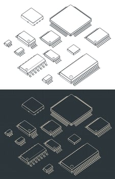Integrated circuits packages surface mount isometric blueprints vector