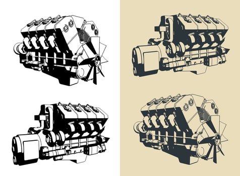 Turbo diesel engine illustrations vector