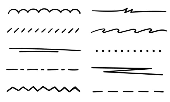 A set of underlines, strikethrough, dividers, partitions, borders drawn by hand with a marker. Straight, wavy, dotted free lines on a white background. set of highlighters for text decoration vector