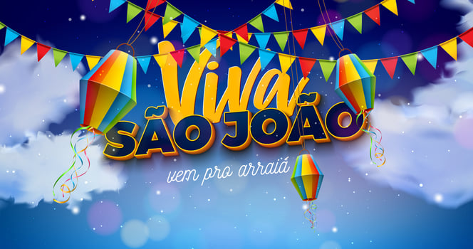 Festa Junina Illustration with Party Flags, Paper Lantern and Viva Sao Joao Lettering on Blue Cloudy Background. Brazil June Traditional Holiday Festival Design for Celebration Banner, Greeting vector