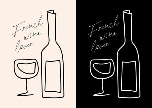 Wine lover bottle and glass minimal sketch ink drawing illustration line art French Parisian girl lifestyle element for sticker poster print decor elegant boho fancy luxury boujee aesthetic vector