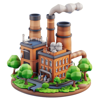 A 3D cartoon illustration of a factory with three smokestacks emitting smoke. The factory is surrounded by stylized trees and a road png