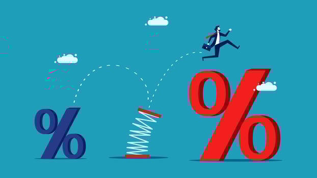businessman jumping over percent sign and falling down vector