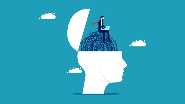 businessman sitting on top of a human head with a laptop vector