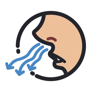 Colored side view nose breathing out fresh air. Human sigh or letting out air icon illustration outline isolated on square white background. Simple flat sign drawing with cartoon art style. vector