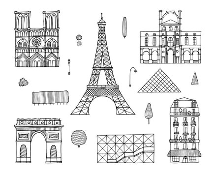 Paris hand drawn doodle set. Isolated transparent sketch black elements for design vector