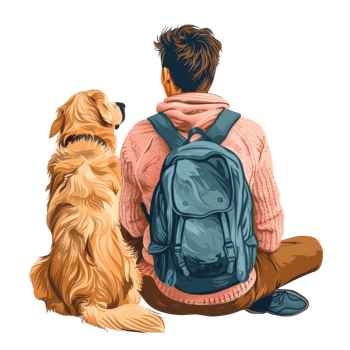 Young Man with Backpack Sitting Beside Golden Retriever png