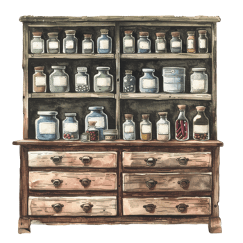 Rustic Wooden Apothecary Cabinet with Assorted Glass Jars and Bottles png