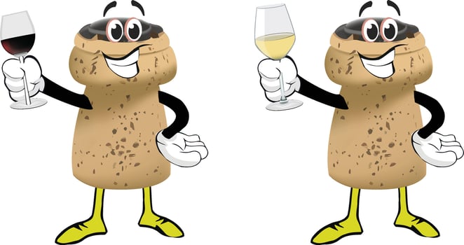 Cheerful cartoon cork characters toasting with wine vector