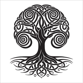 A Celtic tree with roots and branches creating a double spiral design illustration in black and white vector