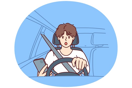 Man driver with phone sits behind wheel of car and gets scared sees obstacle on road or sharp turn vector