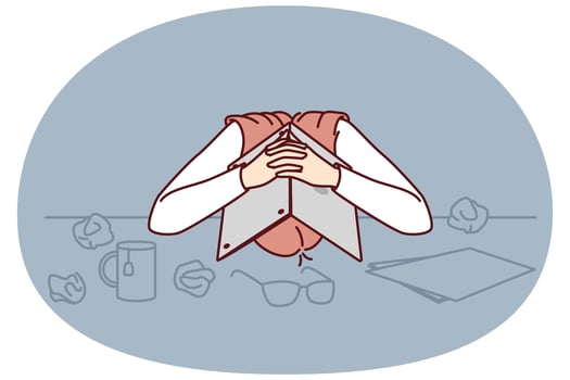 Tired business woman hiding head under laptop suffering from stress and burnout or overwork vector