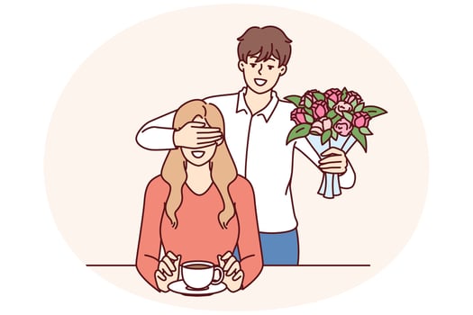 Romantic man with bouquet closes girlfriend eyes, wanting to make surprise and give favorite flowers vector