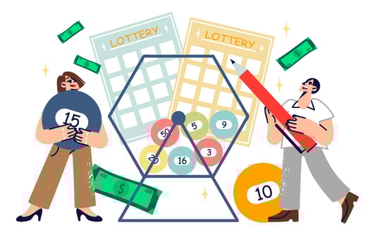 People play money lottery by pulling out balls with numbers and burning tickets, hoping for fortune vector