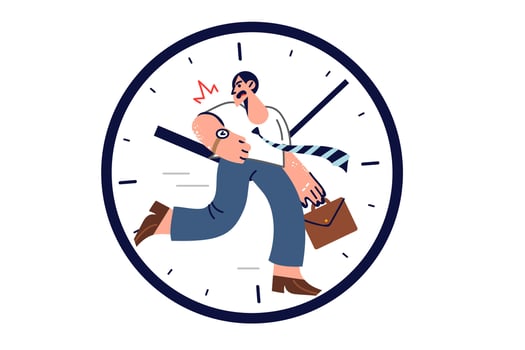 Late business man runs to work, trying meet deadlines, located inside large clock vector