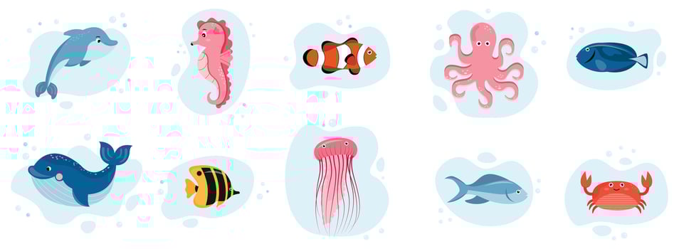 Cartoon Sea animal set. Tropical ocean animals, fish, octopus, crab, seahorse and dolphin. Cute and jellyfish, marine creature vector