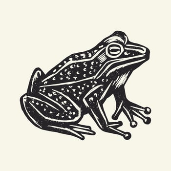Black and white frog illustration in vintage style, sitting and looking aside vector