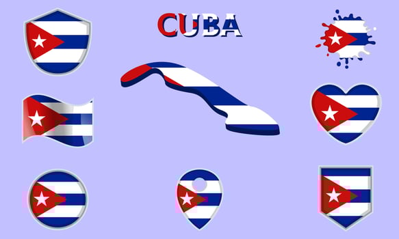Collection of flat national flags of Cuba with map vector