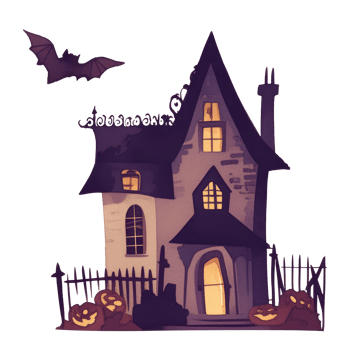 Watercolor illustration of a spooky haunted House with glowing windows, carved pumpkins, and a bat flying over. Drawing of dark building for Halloween celebration png