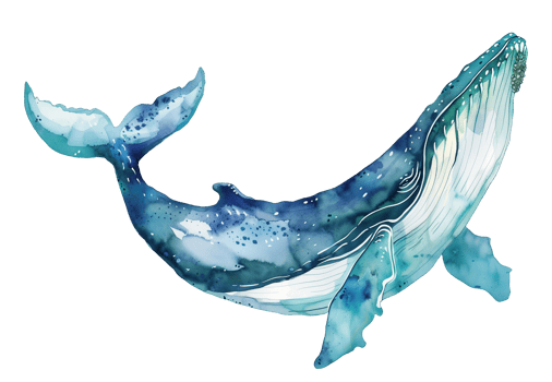 Watercolor Humpback Whale. Illustration of big marine animal. Drawing of sea Cetacean. Sketch of ocean Leviathan for prints in blue colors for prints and nautical design png
