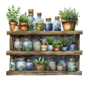 Wooden Shelves with Assorted Herbal Bottles and Plants png