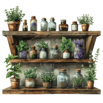 Rustic Shelves with Assorted Bottles and Herbal Plants png