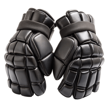 A pair of black leather goalie gloves on a transparent background. png