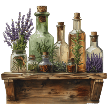 Wooden Shelf with Assorted Glass Bottles Containing Herbs and Flowers png