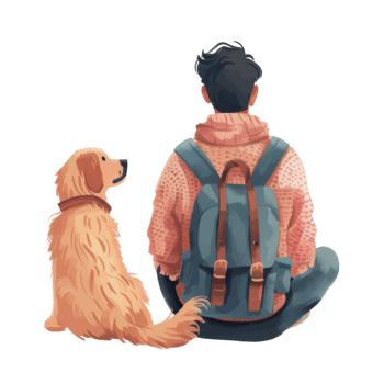 Boy with Backpack Sitting with Golden Retriever Dog png